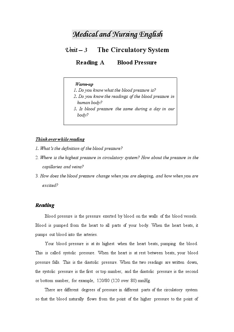 医护英语 Unit 3-1 The Circulatory System-ReadingA Blood Pressure 原文+练习第1页