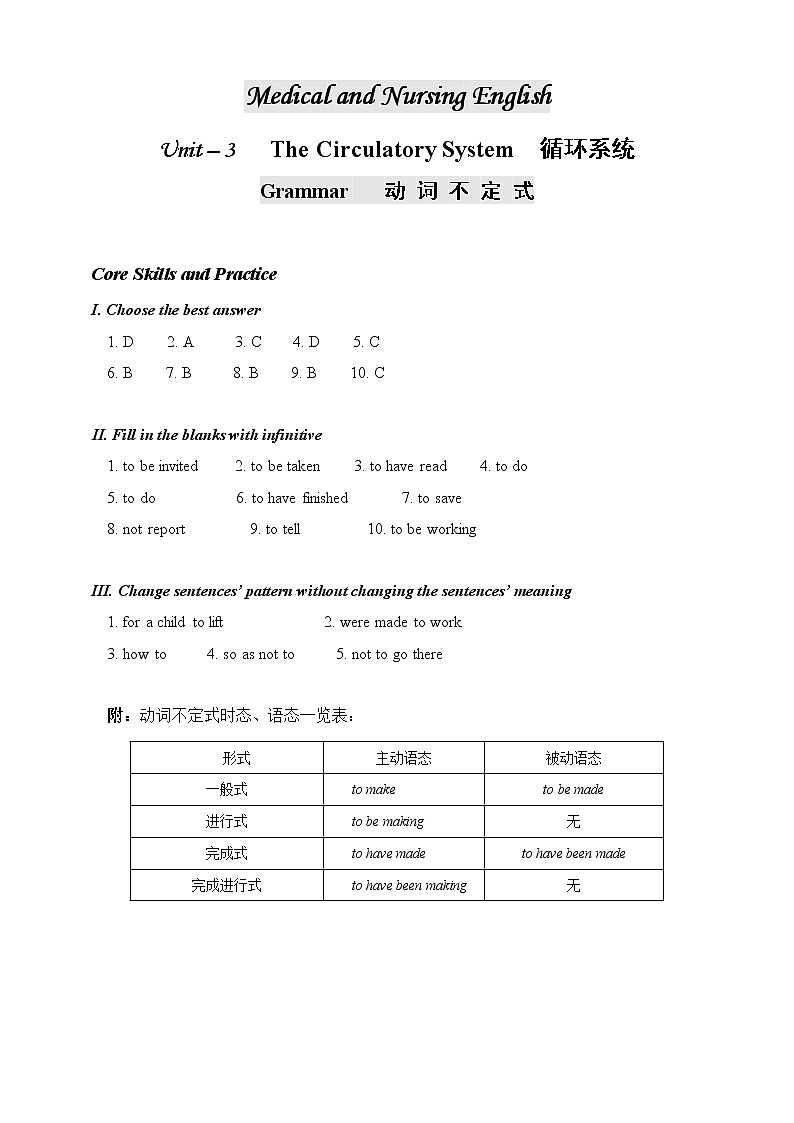 医护英语 Unit 3-4 The Circulatory System-Grammar Infinitive 学案+答案第1页