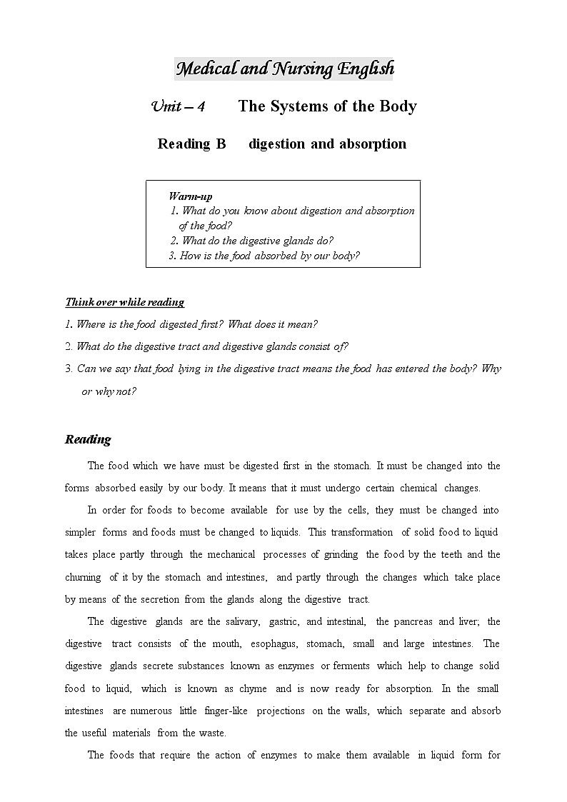 医护英语 Unit 4-5 The Systems of the Body-ReadingB Digestion and Absorption 原文+练习+学案+答案01