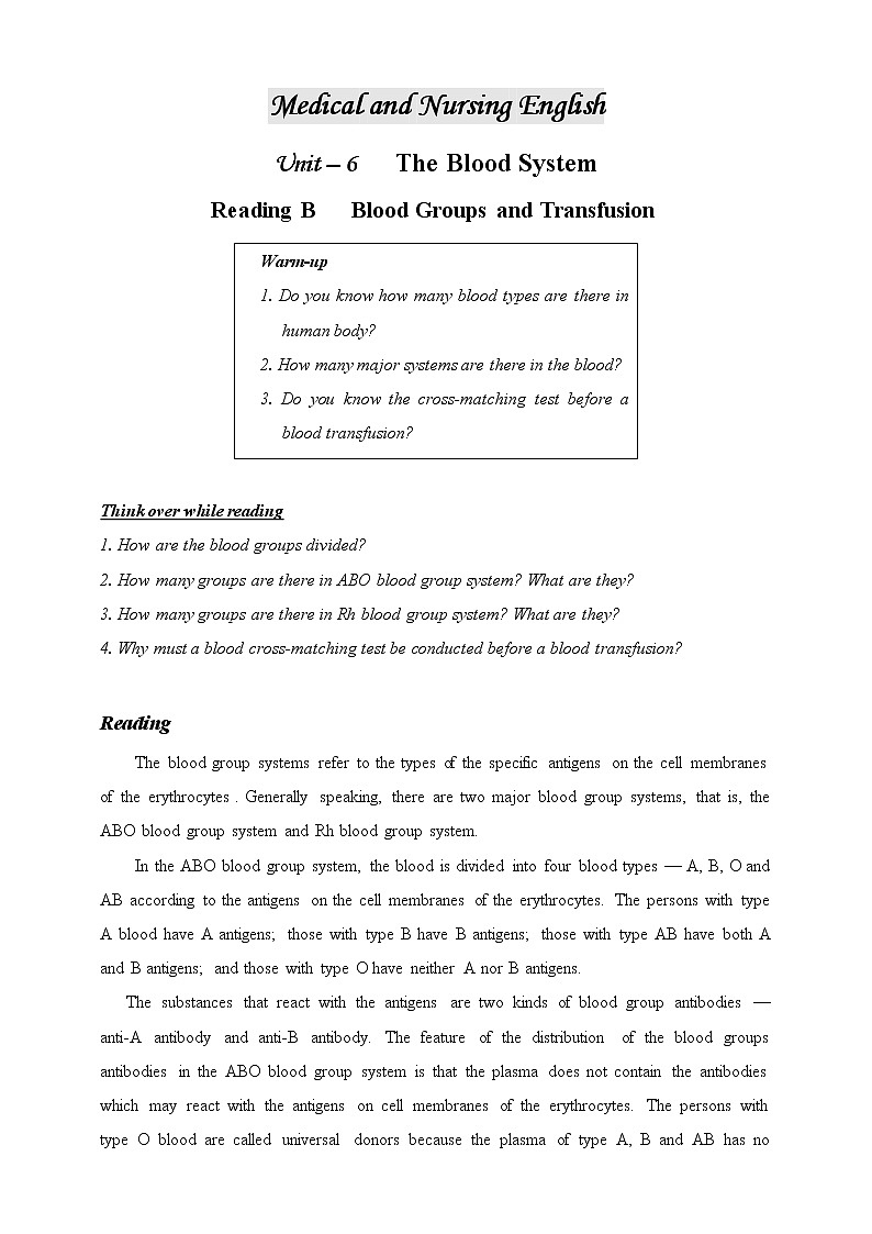 医护英语 Unit 6-5 The Blood System-ReadingB Blood Groups and Transfusion 原文+练习第1页