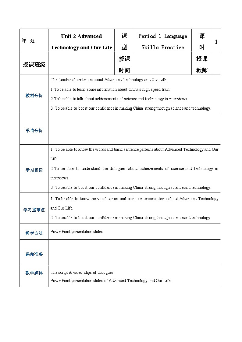 【中职专用】高中英语 语文版2021·基础模块3  Unit2AdvancedTechnologyandOurLifePeriod1LanguageSkillsPractice教案01
