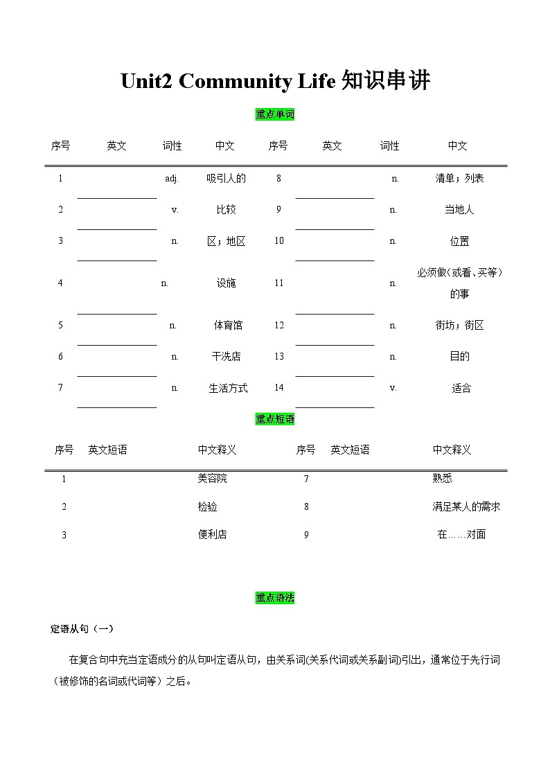 【中职专用】高中英语 高教版2021 基础模块3 Unit2 Community Life知识串讲 试卷01