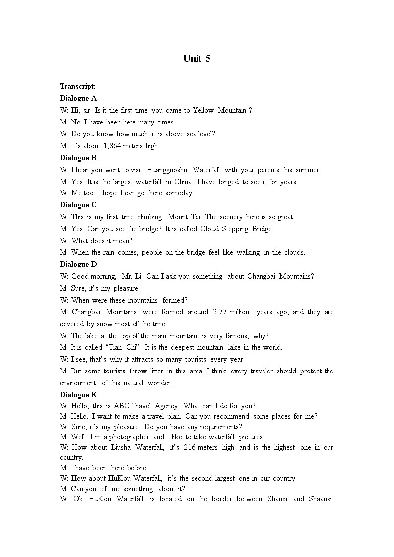 【中职专用】高中英语 高教版2021 基础模块3 Unit+5+Natural+Wonders+in+the+World+单元测试题01