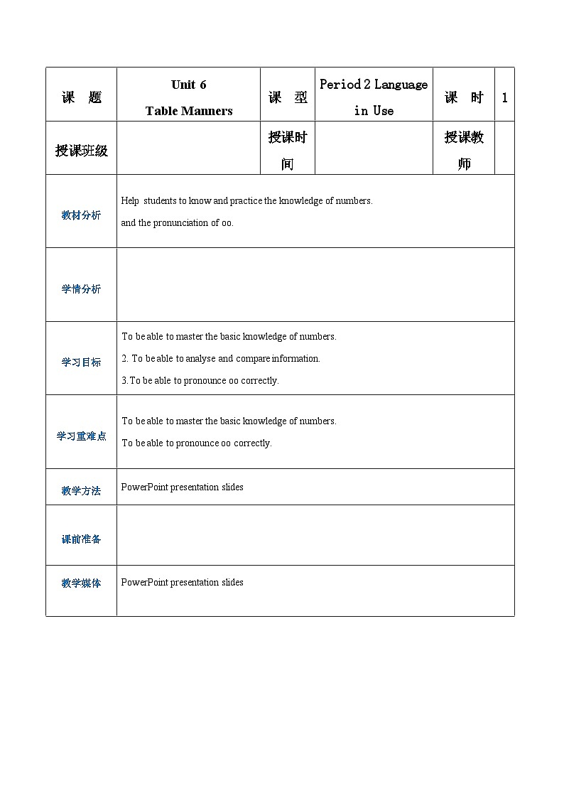 【中职专用】高中英语 语文版 2021 基础模块上册 Unit 6  Table Manners Period 2 Language in Use教案01