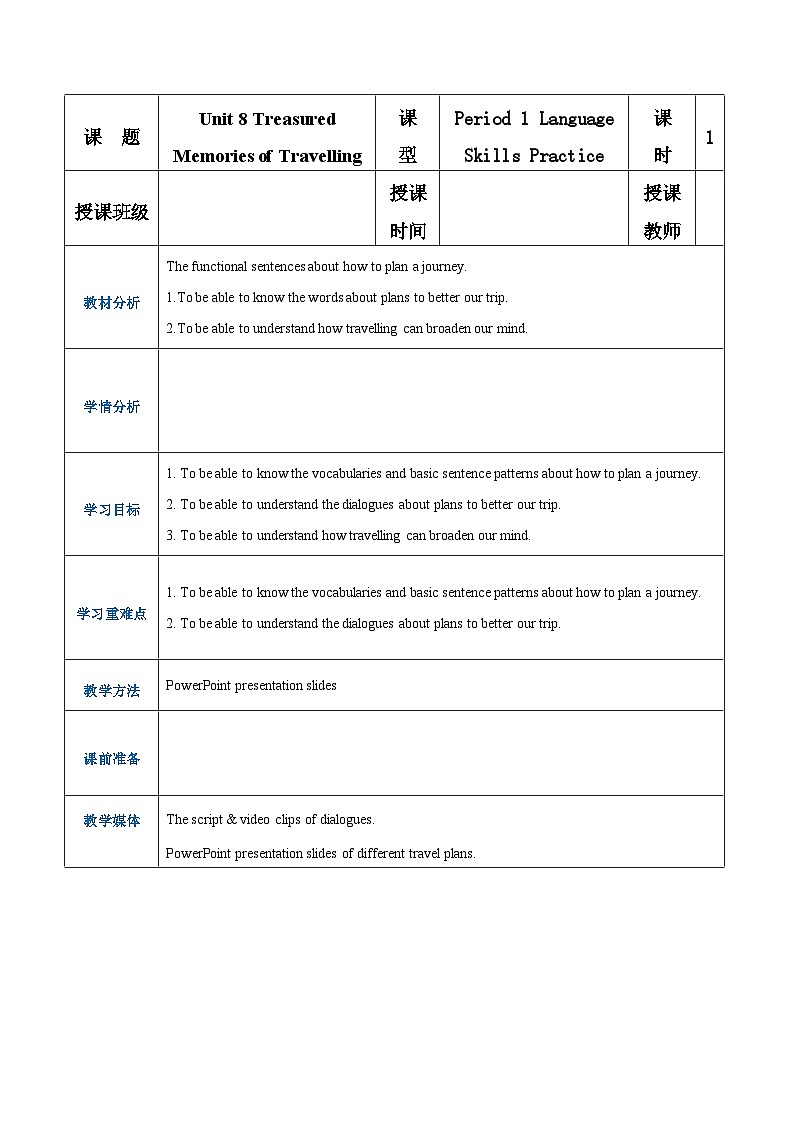 【中职专用】高中英语 语文版 2021 基础模块上册 Unit 8 Treasured Memories of Travelling Period 1 Language Skills Practice教案第1页