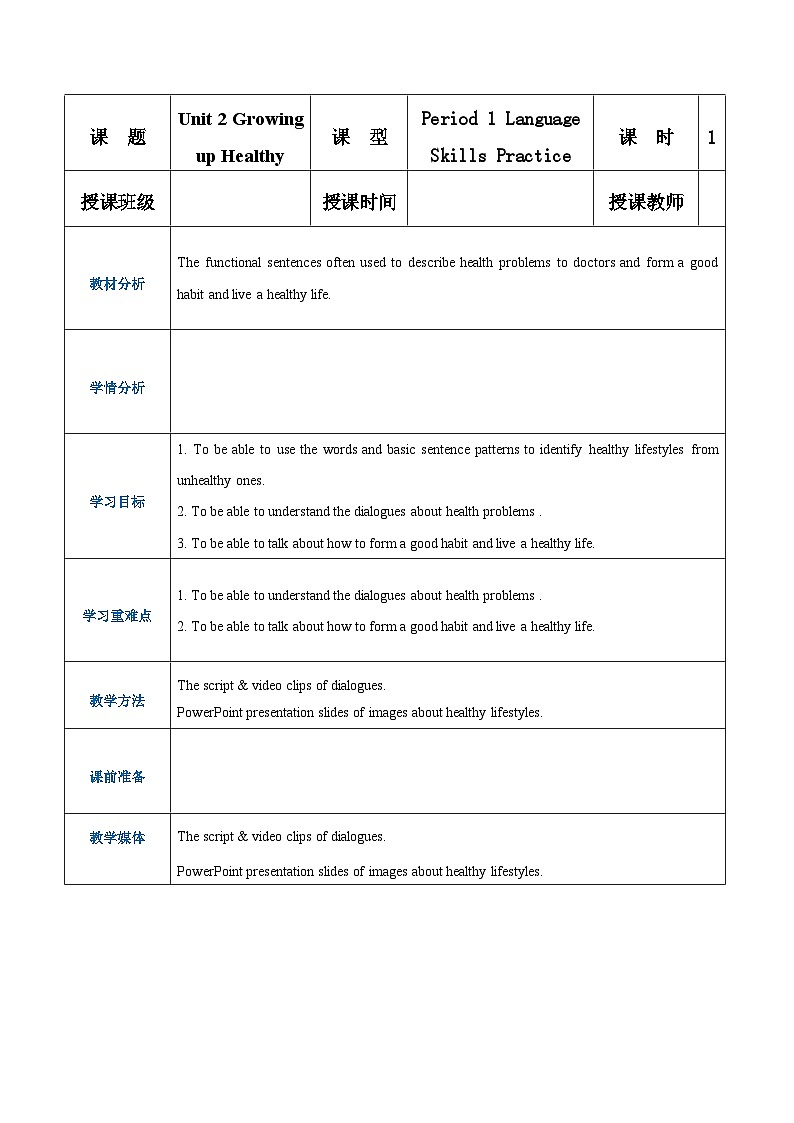 【中职专用】高中英语 （语文版2021·基础模块2） Unit+2+Growing+up+Healthy+Period+1+Language+Skills+Practice教案01