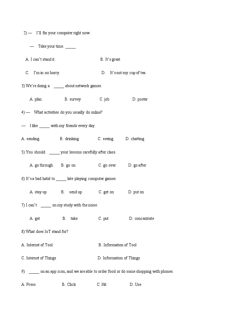 【寒假作业】中职英语 高教版2021 基础模块1 高一寒假提升训练 unit7 The Internet-练习.zip02