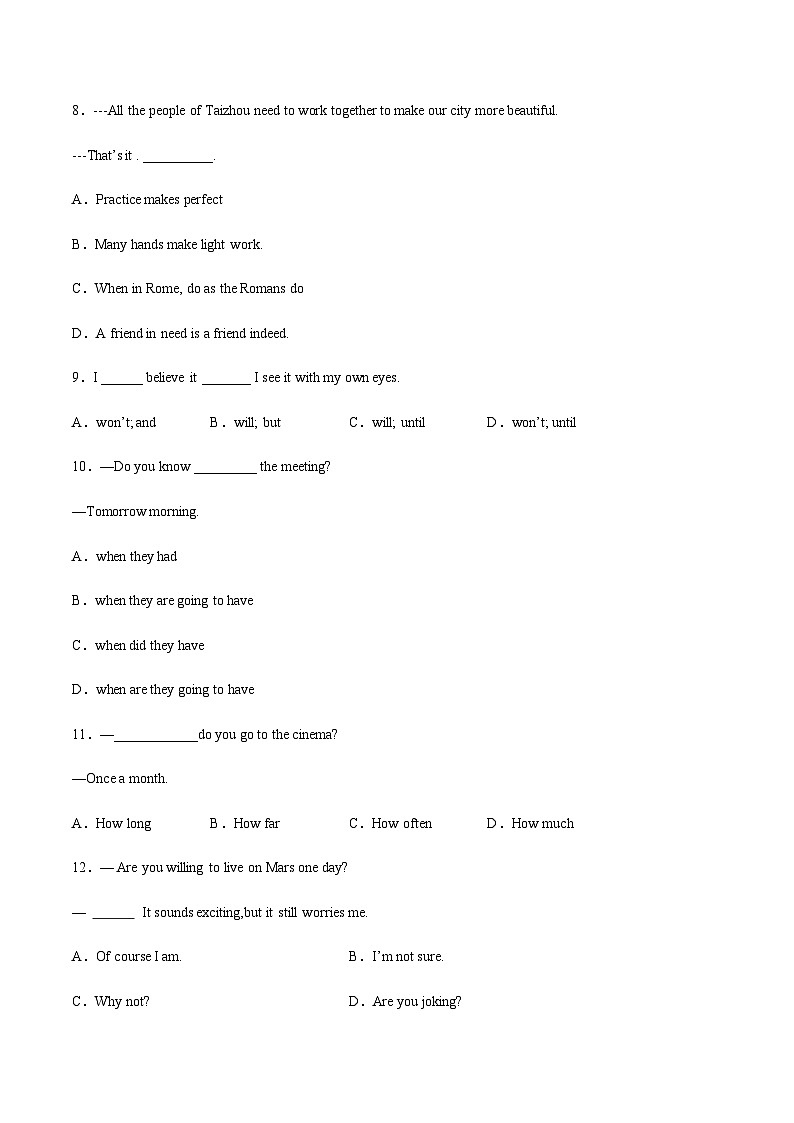 【寒假作业】中职英语 高教版2021 基础模块一 高一寒假提升训练 Unit4 School Life原卷版第3页