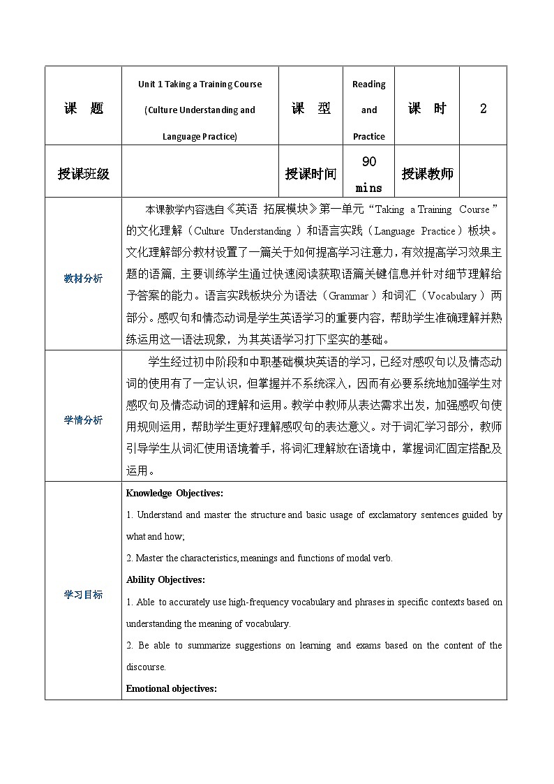 【趣味课堂】中职英语 高教版 2021 拓展模块 同步教案 Unit 1 Part 4-5 Culture Understanding and Language Practice-教案01