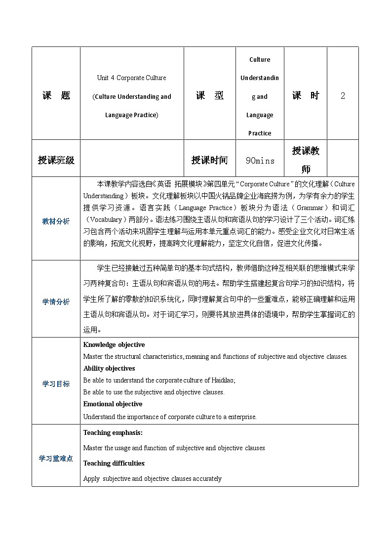 【趣味课堂】中职英语 高教版 2021 拓展模块 同步教案 Unit 4 Part 5-6 Culture Understanding and Language Practice-教案01