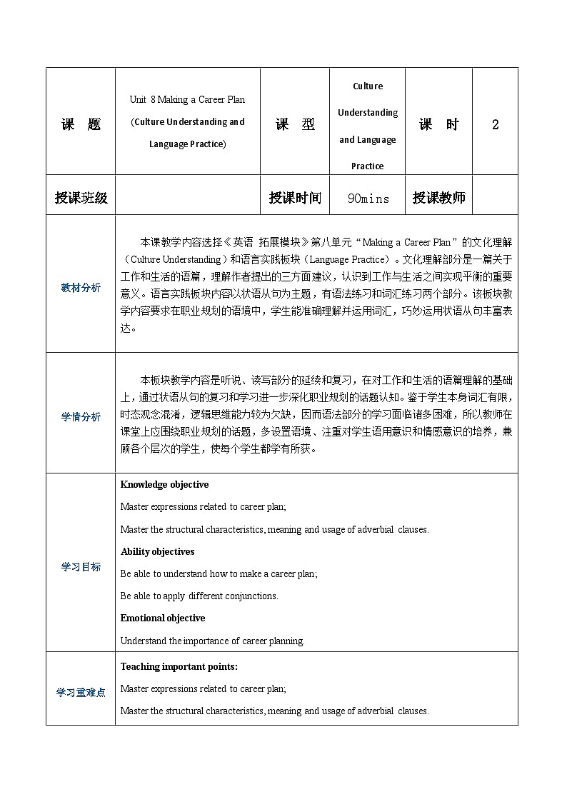 【趣味课堂】中职英语 高教版 2021 拓展模块 同步教案 Unit 8 Part 5-6 Culture Understanding and Language Practice-教案01