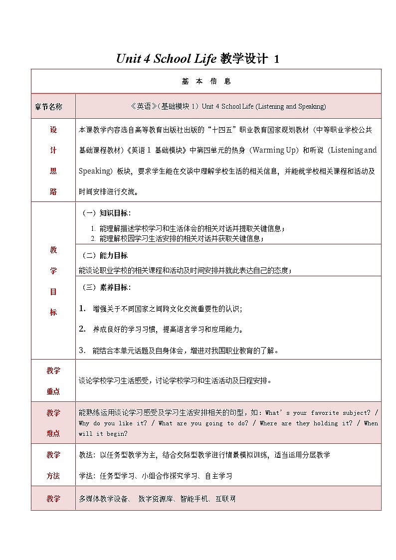 中职英语 高教版2021 基础模块1 同步备课 Unit 4 School Life 课件+教学设计（表格版）+单元测试01