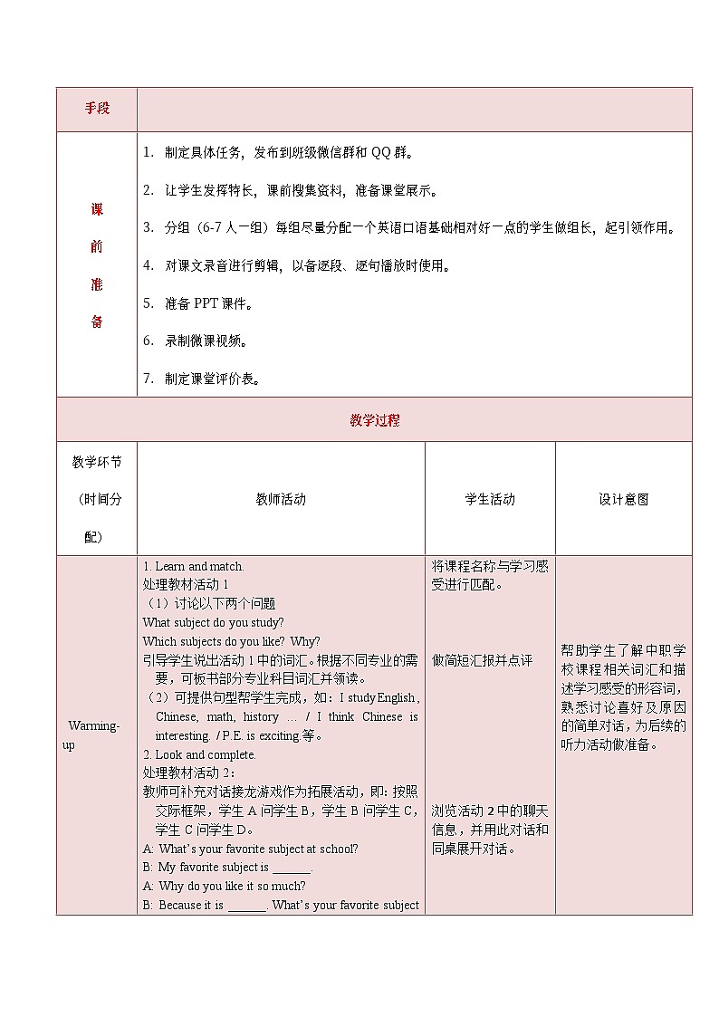 中职英语 高教版2021 基础模块1 同步备课 Unit 4 School Life 课件+教学设计（表格版）+单元测试02