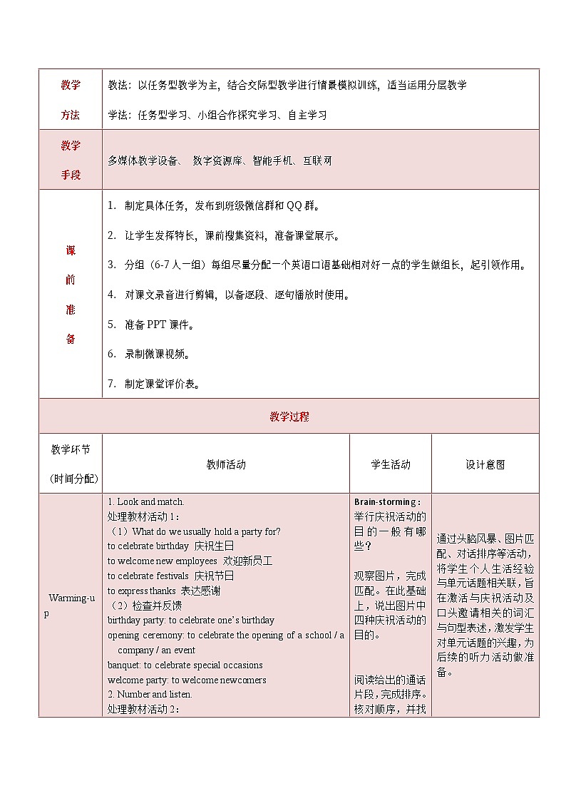 中职英语 高教版2021 基础模块1 同步备课 Unit 5 Celebrations 教学设计（表格版）第2页
