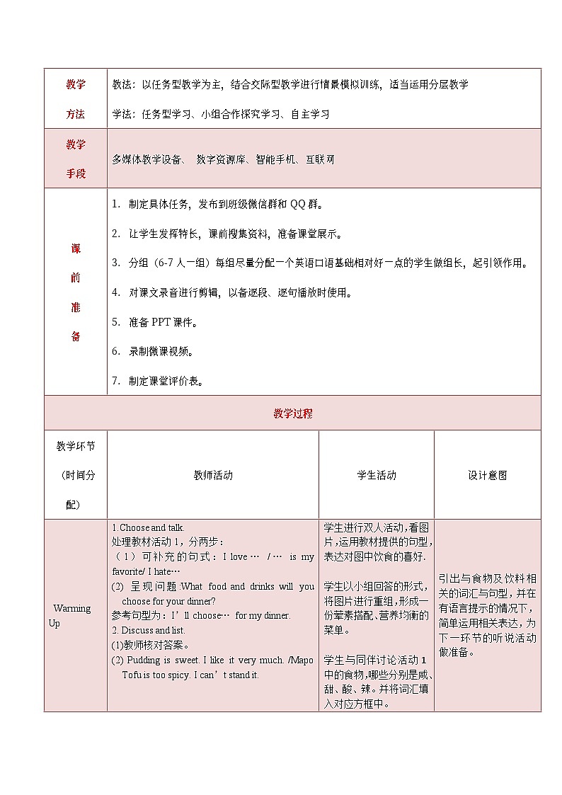中职英语 高教版2021 基础模块1 同步备课 Unit 6 Food and Drinks 教学设计（表格版）第2页