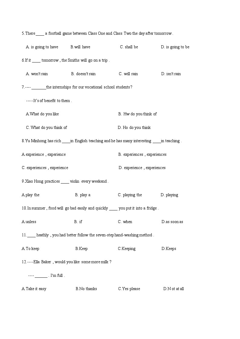 【单元测试】中职英语 高教版2021 基础模块1 Unit4 School Life答案版第2页