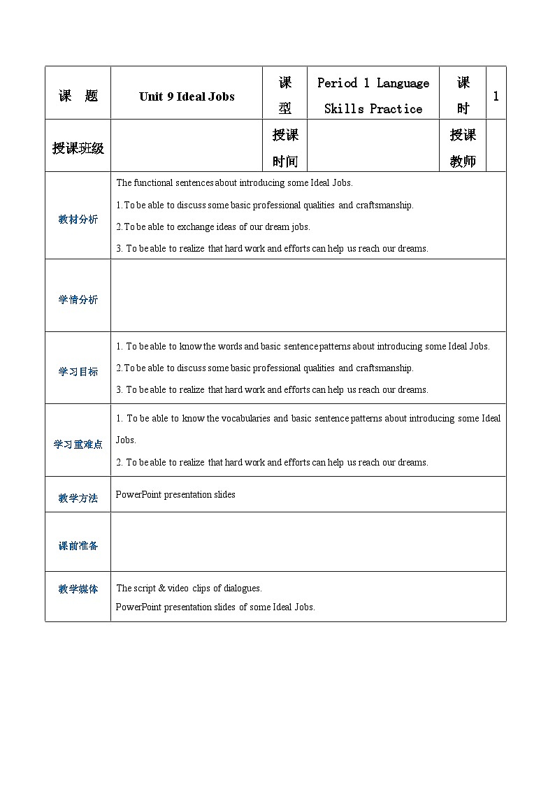 【同步备课】中职英语语文版2021基础模块2 Unit 9 Ideal Jobs  课件+教案+练习（多课时）01