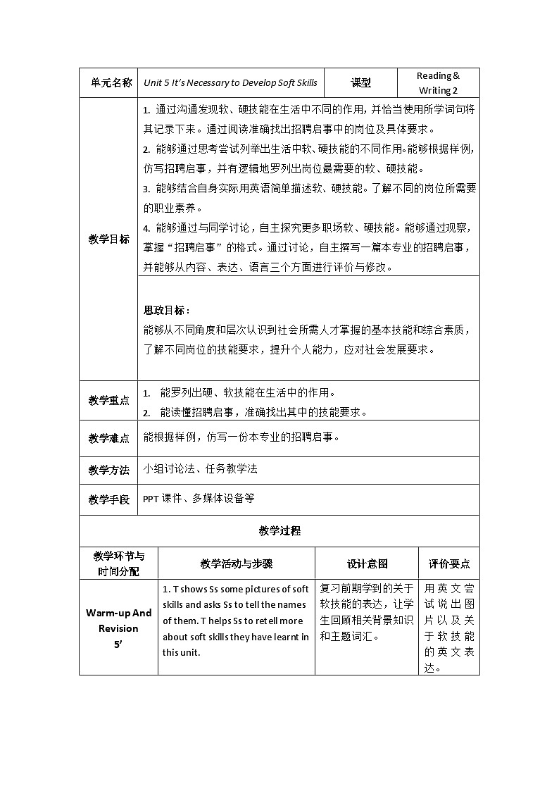 【教师必备】中职英语外研版2021拓展模块 U5教案（多课时）01