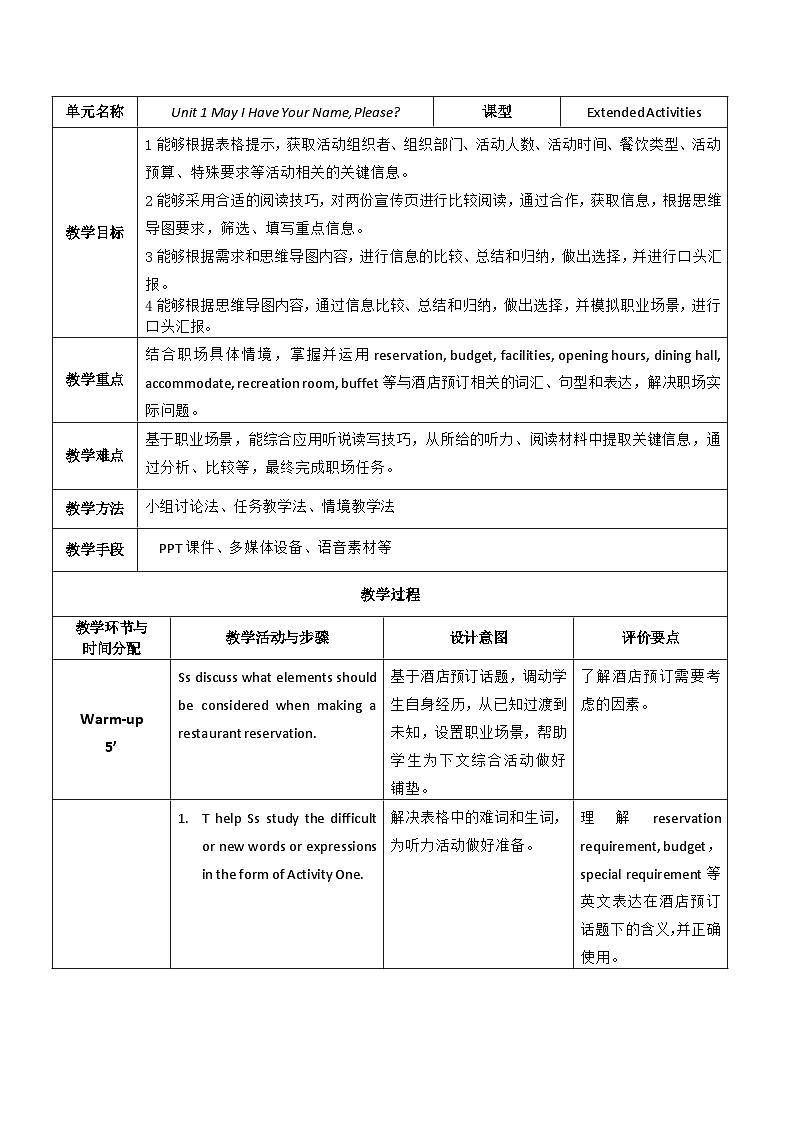 【教师必备】中职英语外研版2021职业模块（服务类）U1 教案01