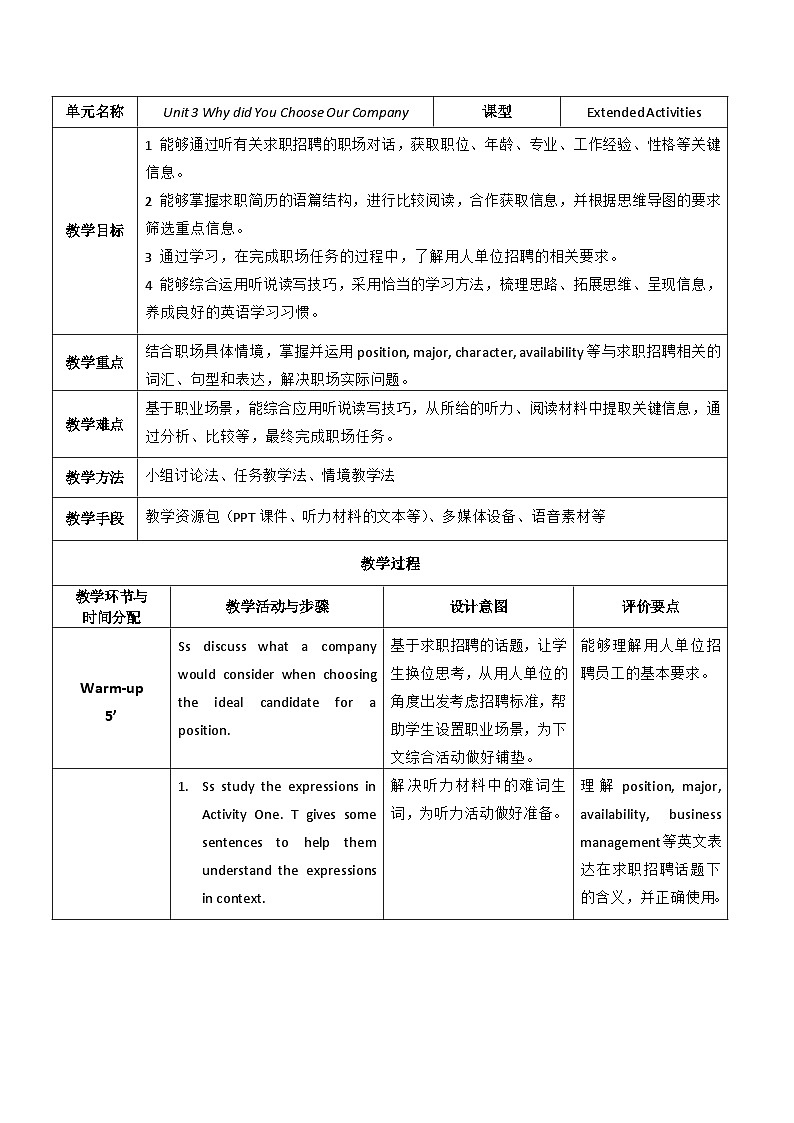 【教师必备】中职英语外研版2021职业模块（服务类）U3 教案01