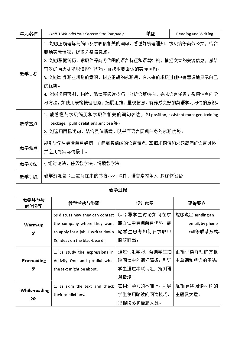 【教师必备】中职英语外研版2021职业模块（服务类）U3 教案01