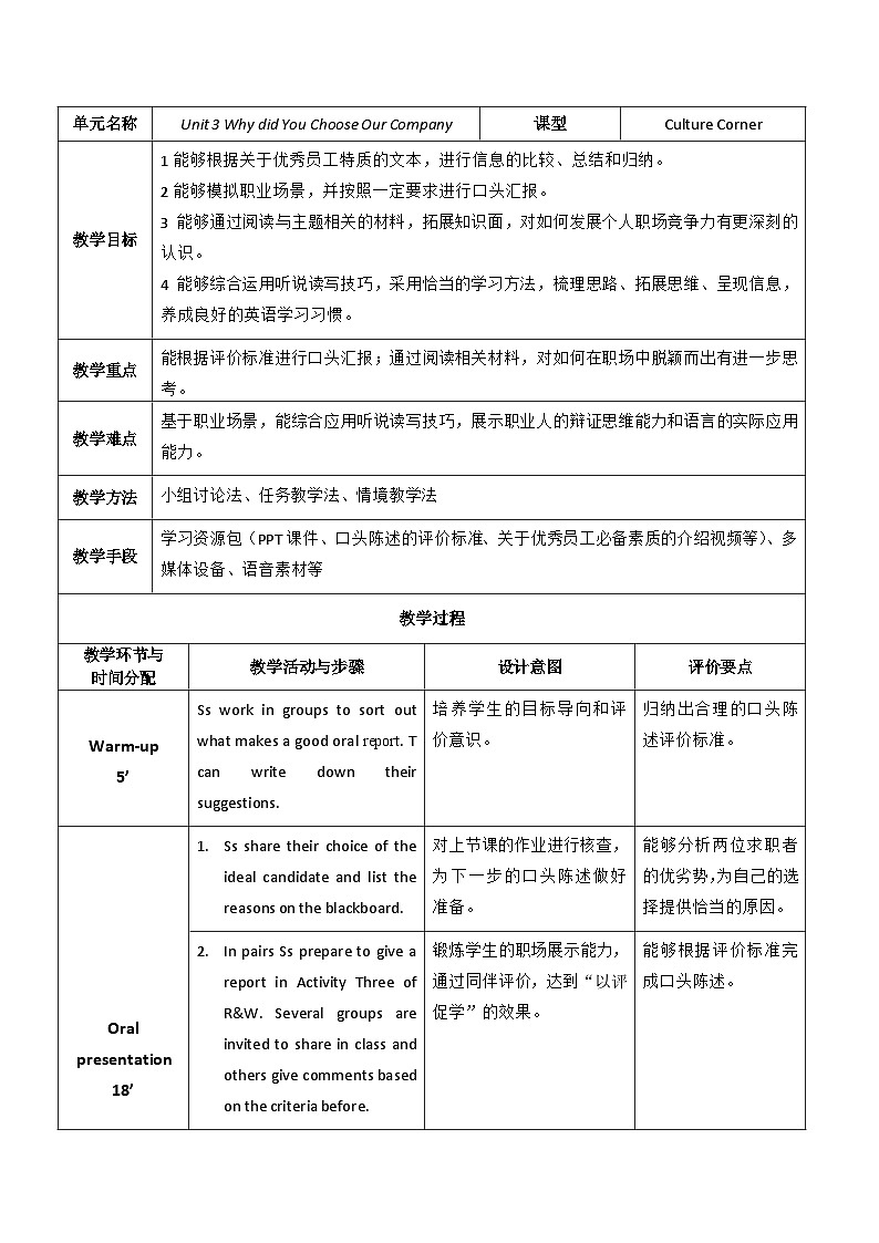 【教师必备】中职英语外研版2021职业模块（服务类）U3 教案01
