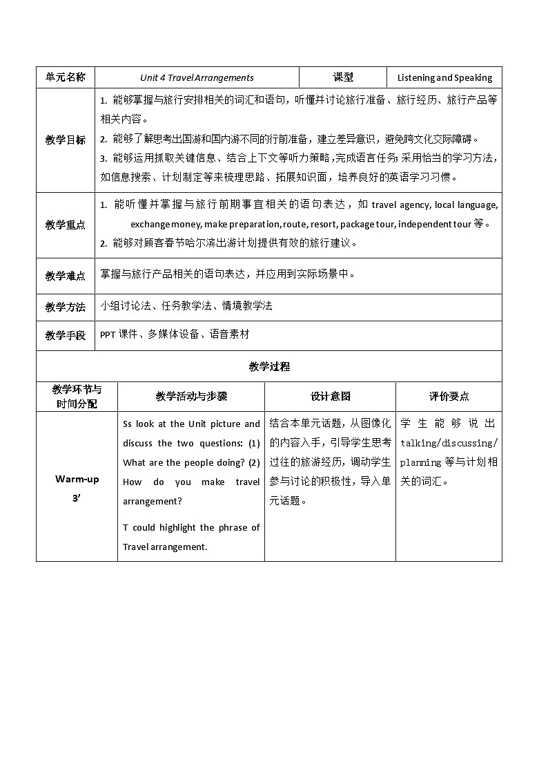 【教师必备】中职英语外研版2021职业模块（服务类）U4 教案01