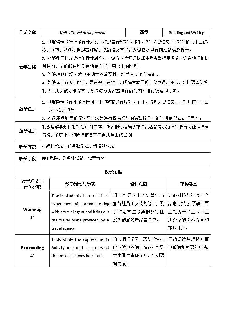 【教师必备】中职英语外研版2021职业模块（服务类）U4 教案01