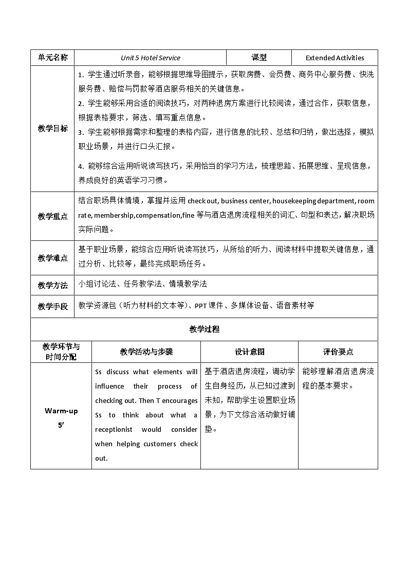 【教师必备】中职英语外研版2021职业模块（服务类）U5 教案01