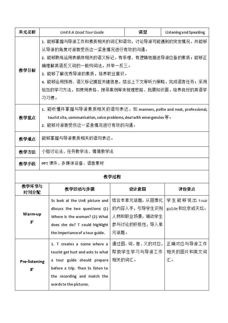 【教师必备】中职英语外研版2021职业模块（服务类）U6 教案01