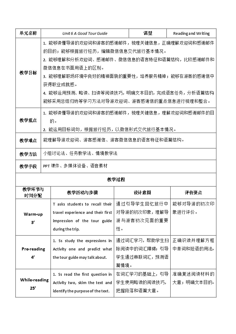 【教师必备】中职英语外研版2021职业模块（服务类）U6 教案01