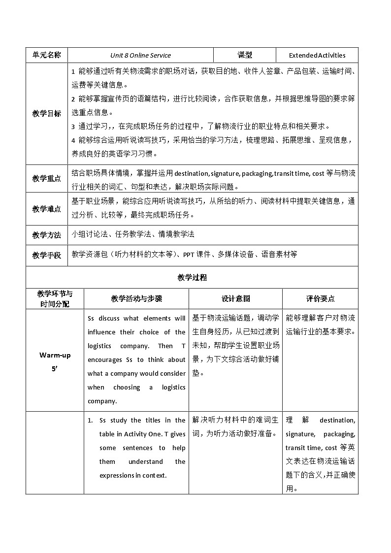 【教师必备】中职英语外研版2021职业模块（服务类）U8 教案01