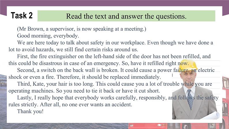 Unit 4 Workplace Safety  第2课时  Reading & Writing 高二英语（外研版2021职业模块工科类）课件+教案+同步练习含答案05