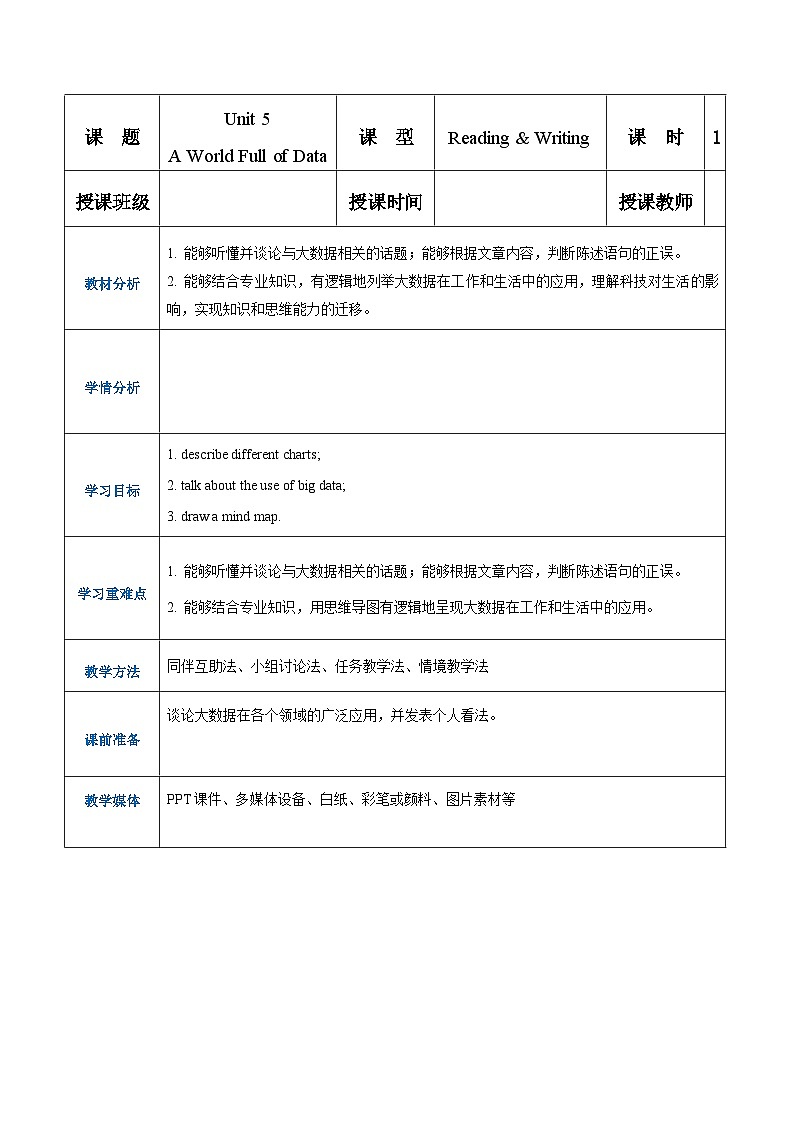Unit 5 A World Full of Data 第2课时  Reading & Writing高二英语（外研版2021职业模块工科类）课件+教案+同步练习含答案01