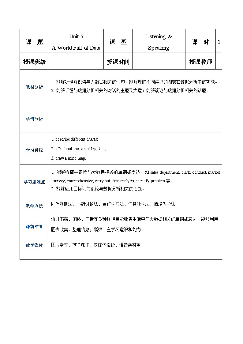 Unit 5 A World Full of Data 第1课时  Listening & Speaking 高二英语（外研版2021职业模块工科类）课件+教案+同步练习含答案01