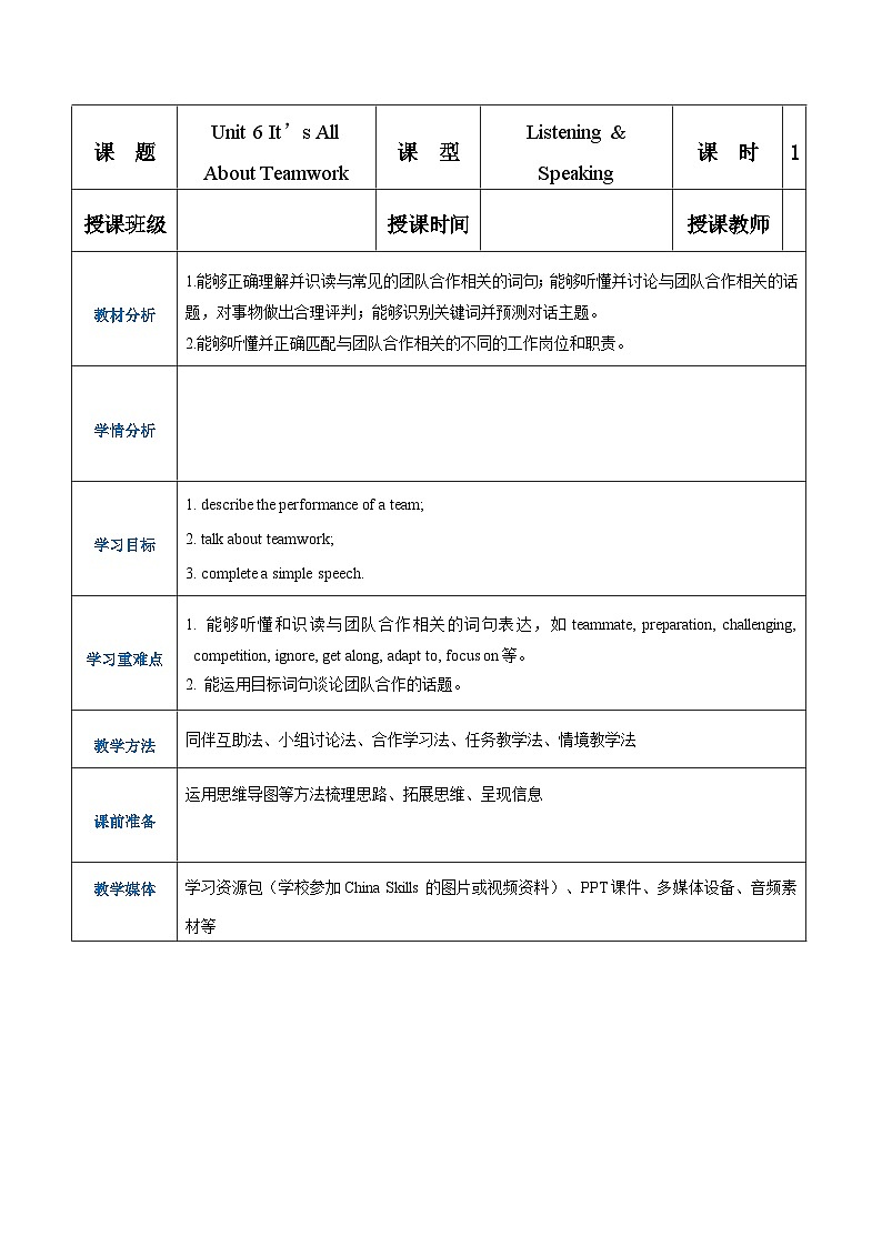 Unit 6 It’s All About Teamwork 第1课时  Listening & Speaking 高二英语（外研版2021职业模块工科类）课件+教案+同步练习含答案01