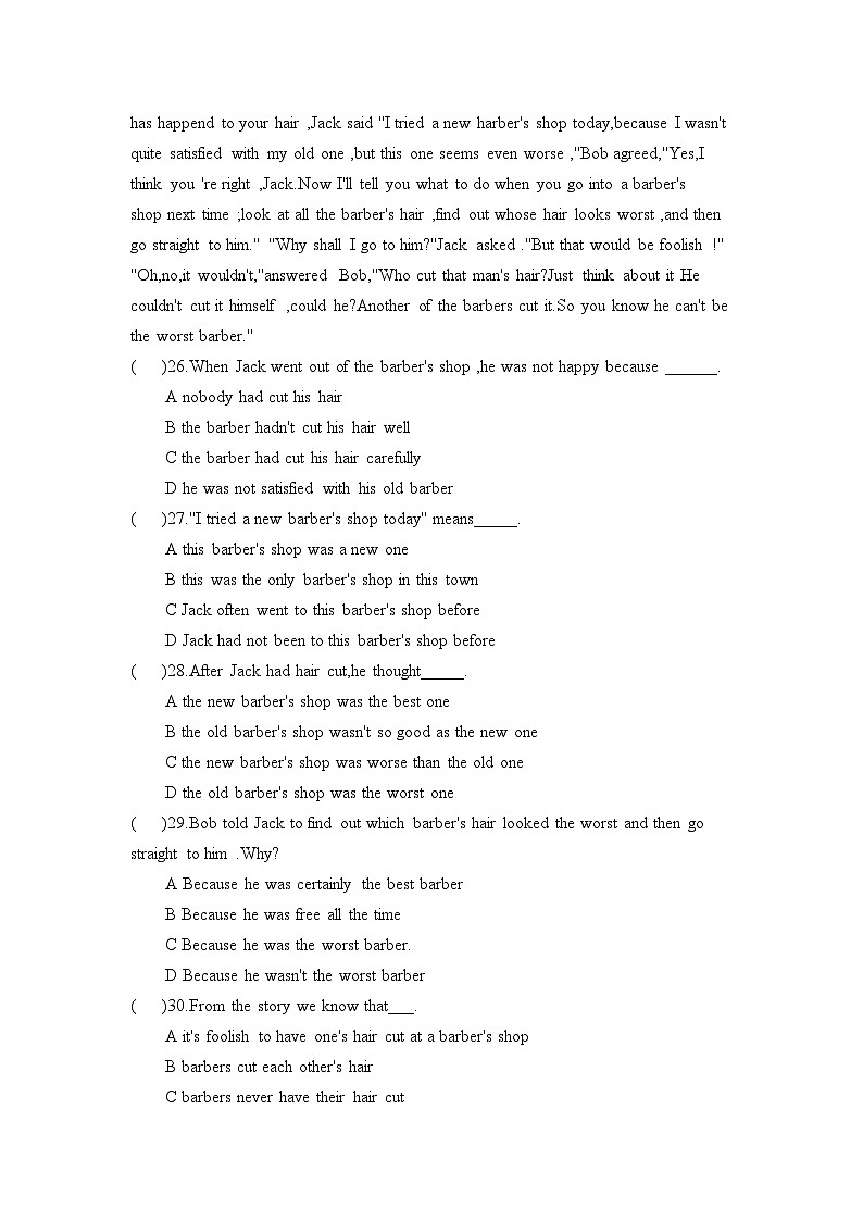 河南中职英语基础模块（上）册（语文版）第9单元试题（含答案）03