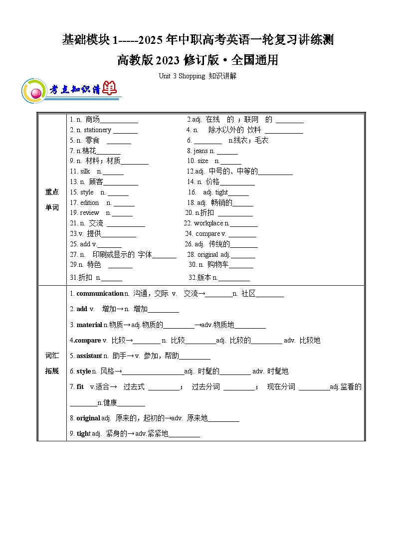 基础模块 1 Unit 3 Shopping 单元知识梳理-【中职适用】2025年高考英语一轮复习教材全面梳理（高教版2023修订版）01