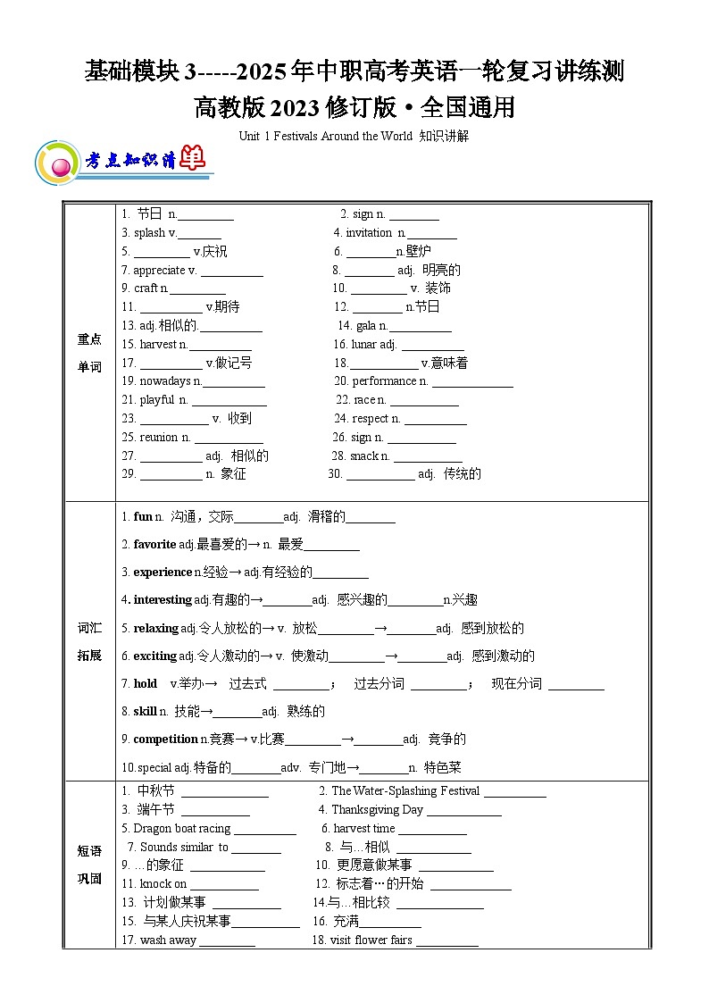 基础模块 3 Unit 1 Festivals Around the World 单元知识梳理-【中职适用】2025年高考英语一轮复习教材全面梳理（高教版2023修订版）01