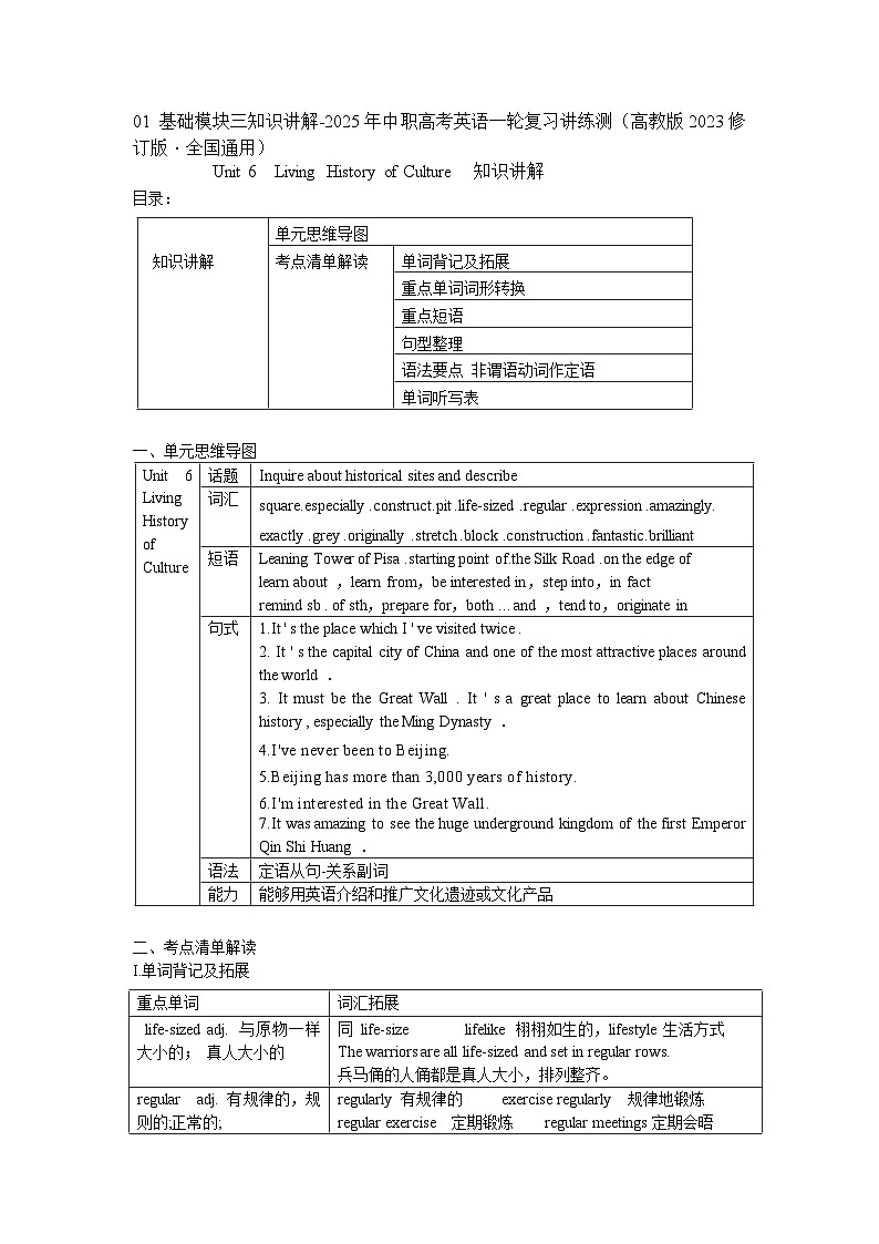 基础模块3 Unit6 Living History of Culture知识讲解-2025年中职高考英语一轮复习讲练测（高教版2023修订版·全国通用）01
