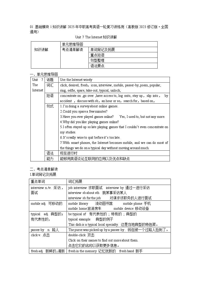 基础模块1Unit7 The Internet知识讲解 - 2025年中职高考英语一轮复习讲练测（高教版2023修订版·全国通用）01
