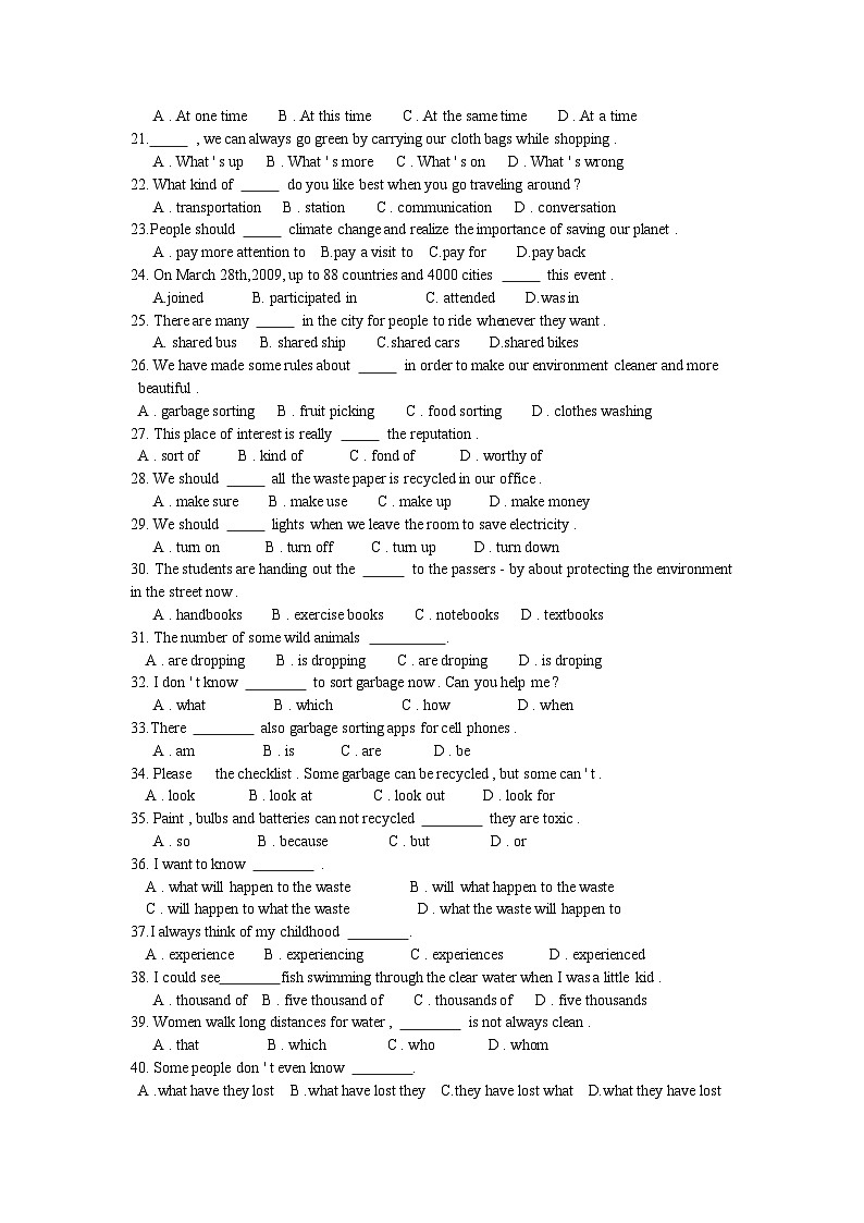基础模块2 Unit8 Green Earth单元测试-2025年中职高考英语一轮复习讲练测（高教版2023修订版·全国通用）02