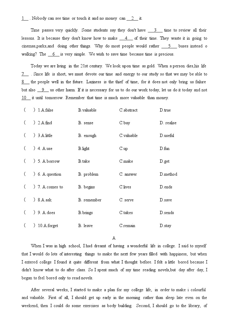 中职英语外研版（2021）基础模块2 Unit 2 第3课时 Reading and Writing 2 同步练习（原卷）第2页