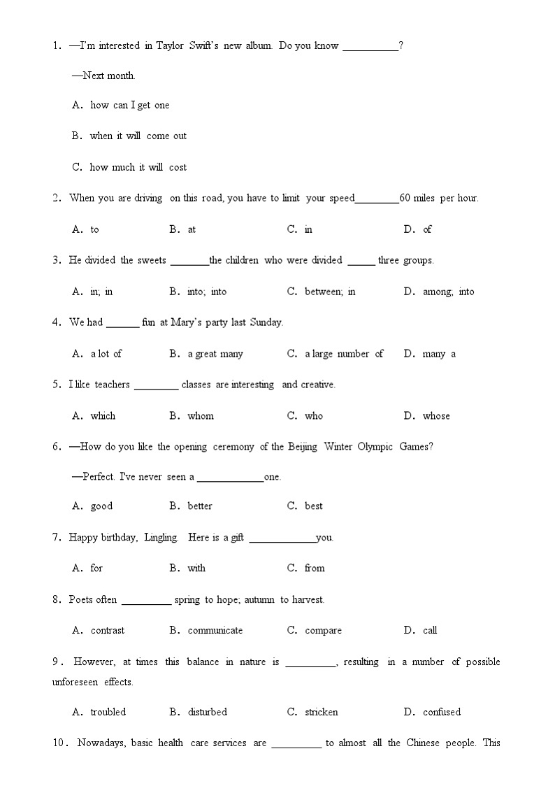 中职英语外研版（2021）基础模块2 Unit 8 第2课时 Reading and Writing (1)  同步练习（原卷）第2页