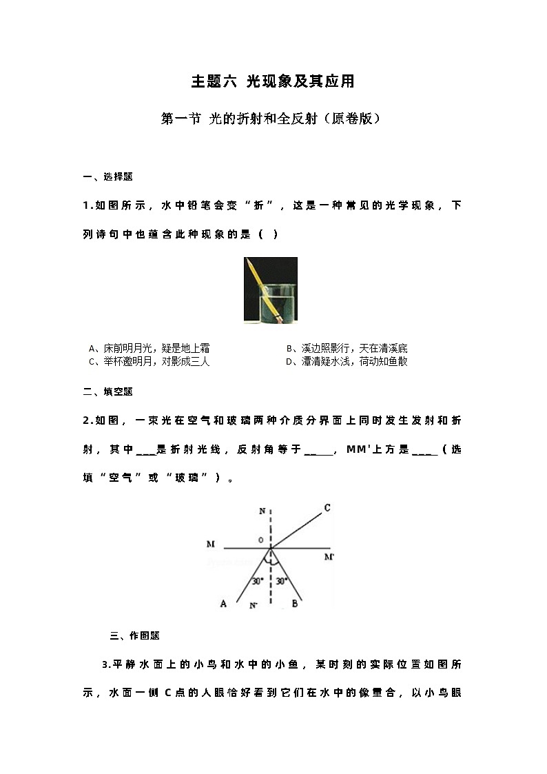 主题六 光现象及其应用 第一节 光的折射和全反射（原卷版）第1页