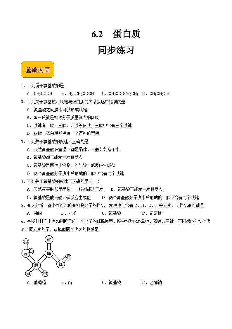 6.2 蛋白质（练习）【中职专用】高中化学（高教版2021医药卫生类）（原卷版）第1页