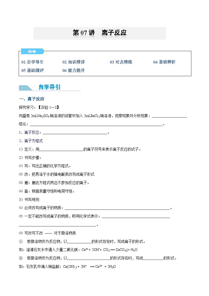 【领跑 百分百】第07讲 离子反应-2024年初升高化学衔接讲义（人教版2019）（原卷版）第1页
