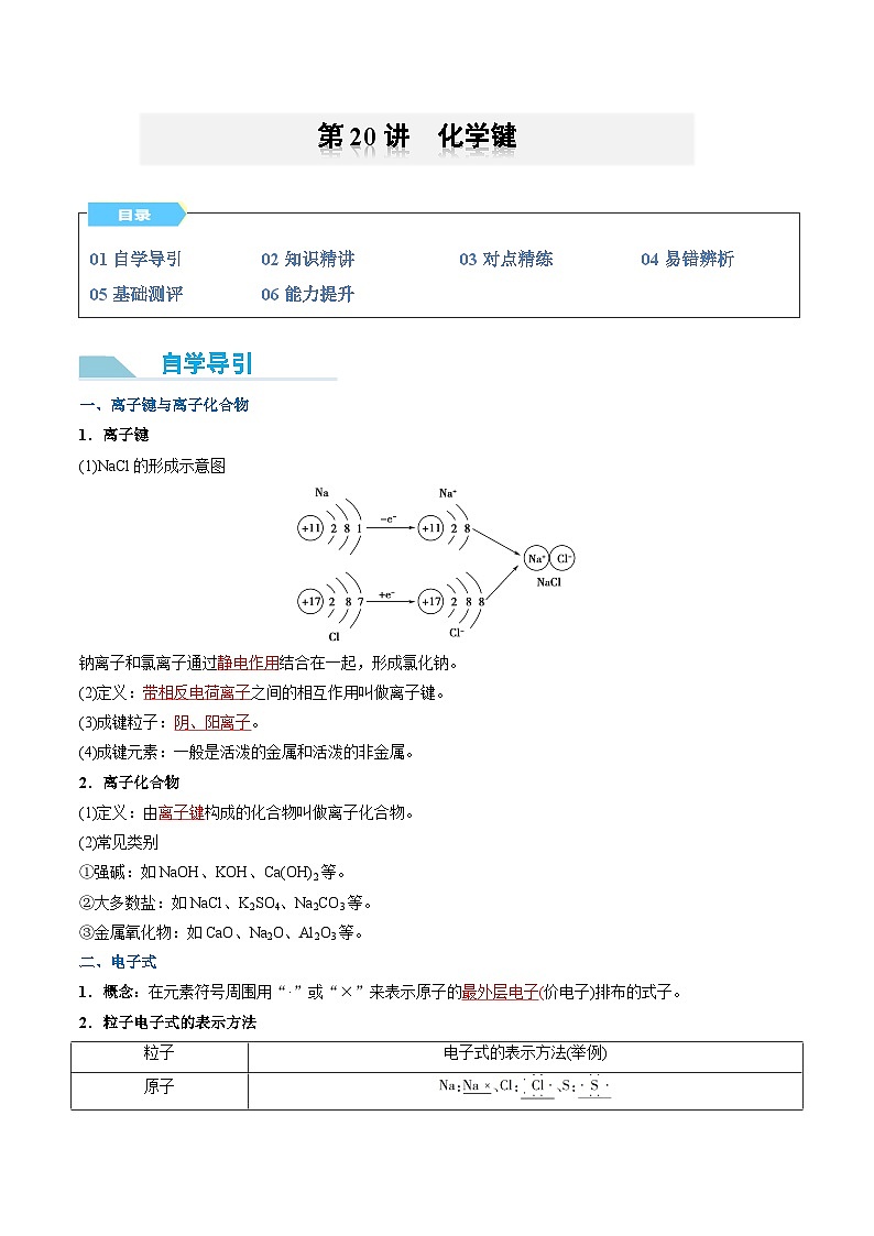 【领跑 百分百】第20讲 化学键-2024年初升高化学衔接讲义（人教版2019）（解析版）第1页