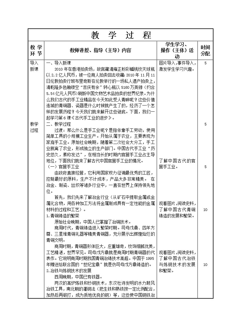 第27课 精湛的古代工艺（一）教学设计-高教版中职高一中国历史全一册02
