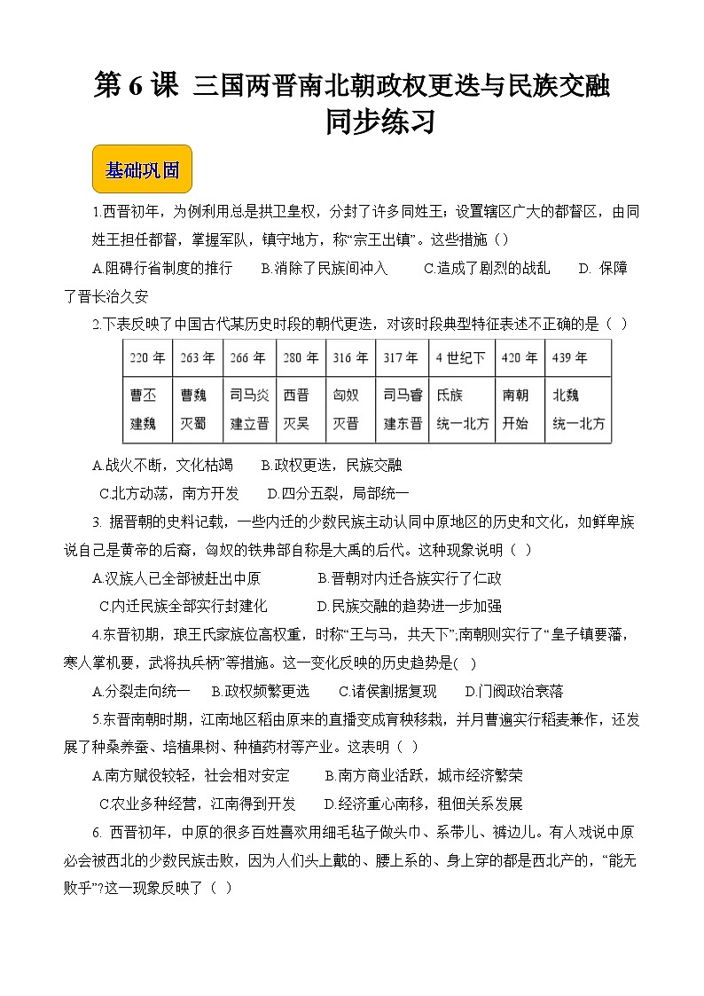 第6课 三国两晋南北朝政权更迭与民族交融【中职专用】《中国历史》 （高教版2023基础模块）（课件+教案+同步练习含解析版）01